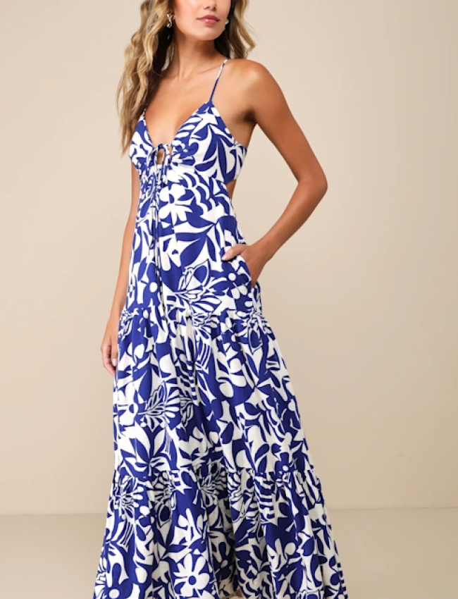 Mykonos Memories Blue and Ivory Abstract Maxi Dress With Pockets